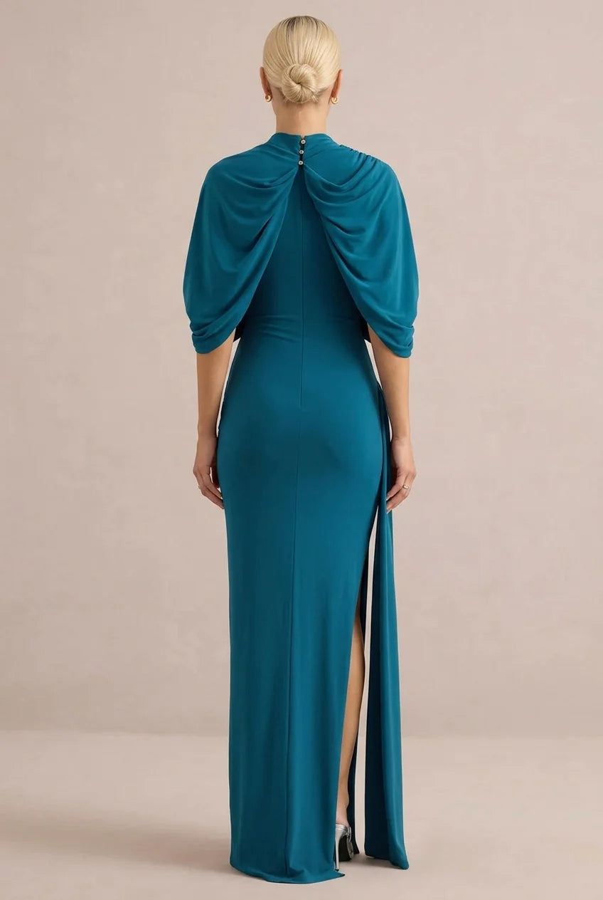 High Neck Draped Cape Asymmetric Ruched Maxi Dress with Slit