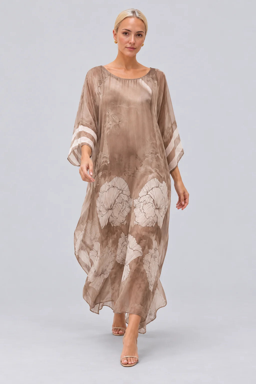 Floral Print Sheer Chiffon Kaftan Maxi Dress with Wide Sleeves [erp-image:2d9aa3f21ddbffcec9d8ece3]