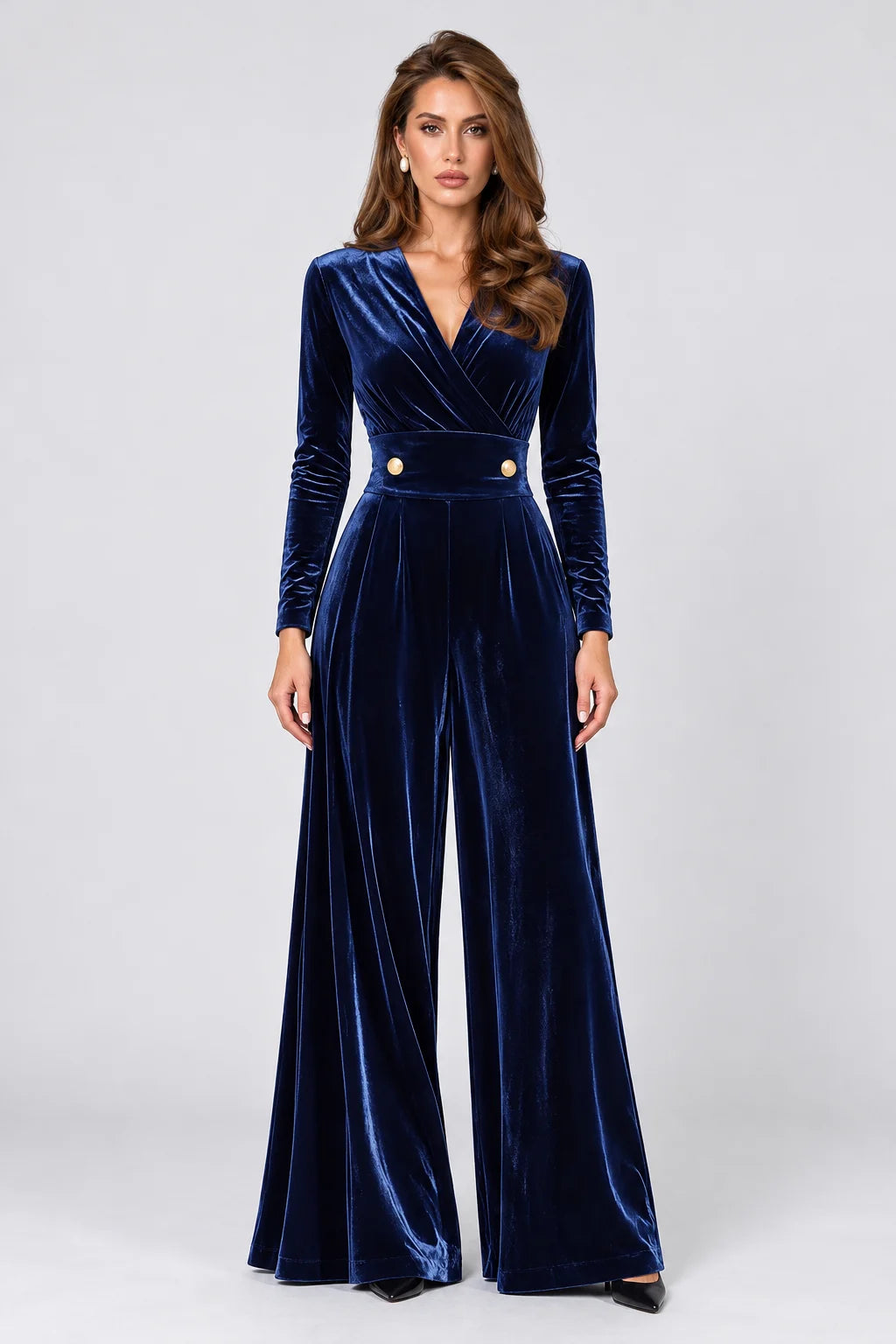 Navy Blue Velvet Wrap V-Neck Wide Leg Long Sleeve Jumpsuit [erp-image:a30f1a8c8359920ec03b3cd2]