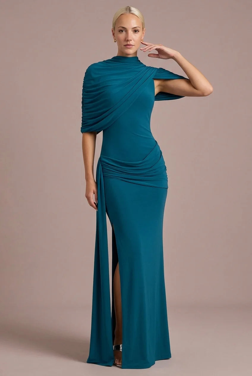 High Neck Draped Cape Asymmetric Ruched Maxi Dress with Slit