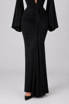 Deep V-Neck Padded Shoulder Long Sleeve Draped Ruched Black Maxi Dress [erp-image:00d6fe64faa75969753d7b79]