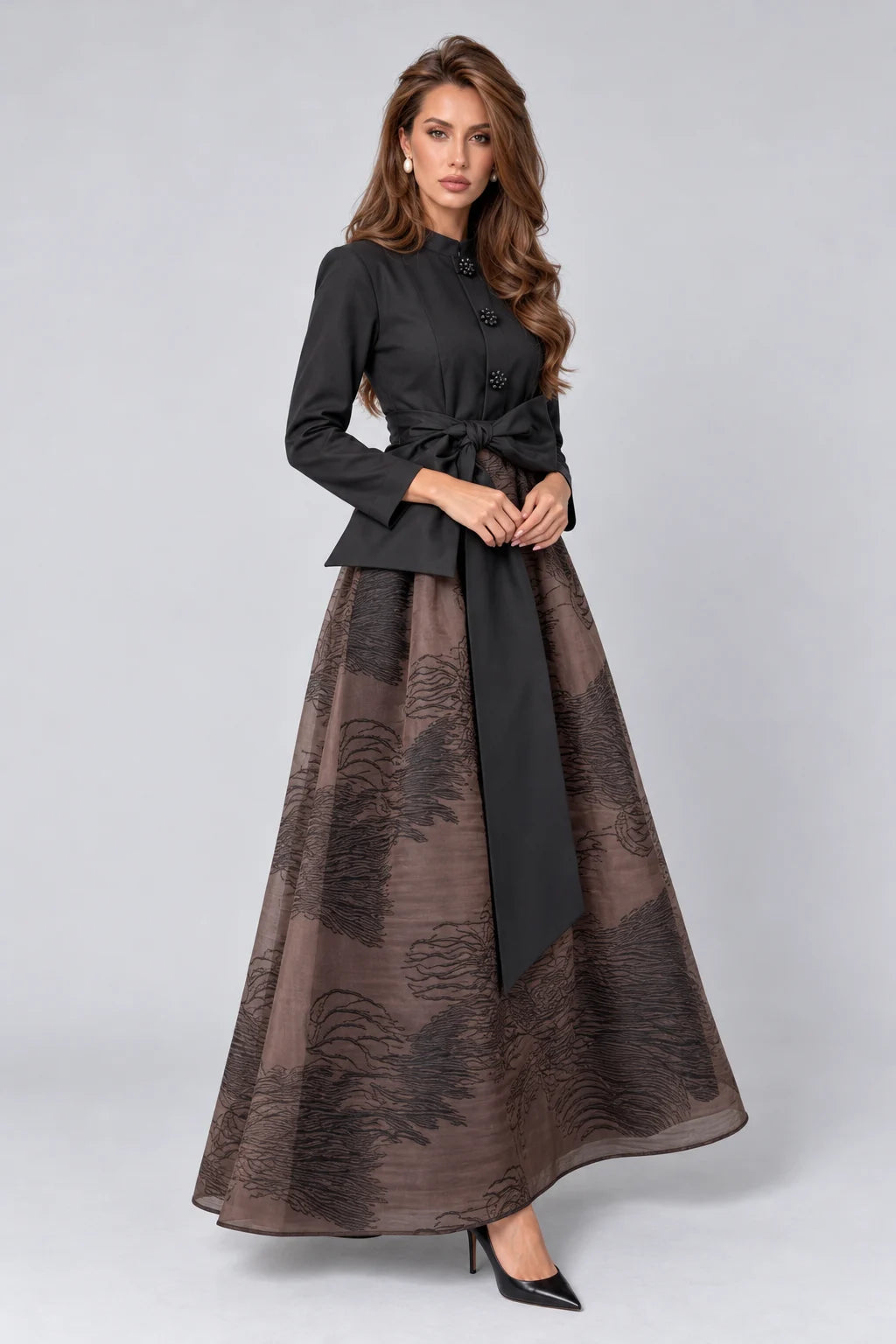 Elegant Black Long Sleeve Bow Belted Shirt Dress with Floral Buttons [erp-image:abfb281bcba0c06d49b04a18]