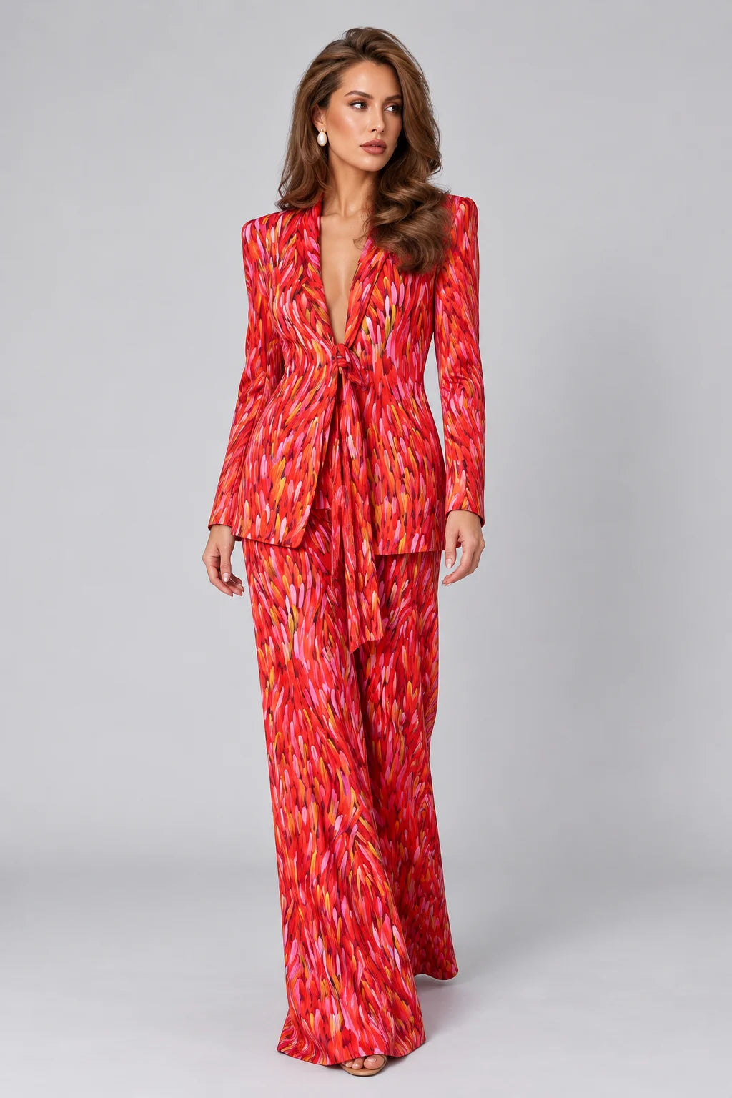 Red Brushstroke Print Tie Front Blazer and Wide Leg Pants Two Piece Set [erp-image:90bc19f4487514dbe1bdea0f]