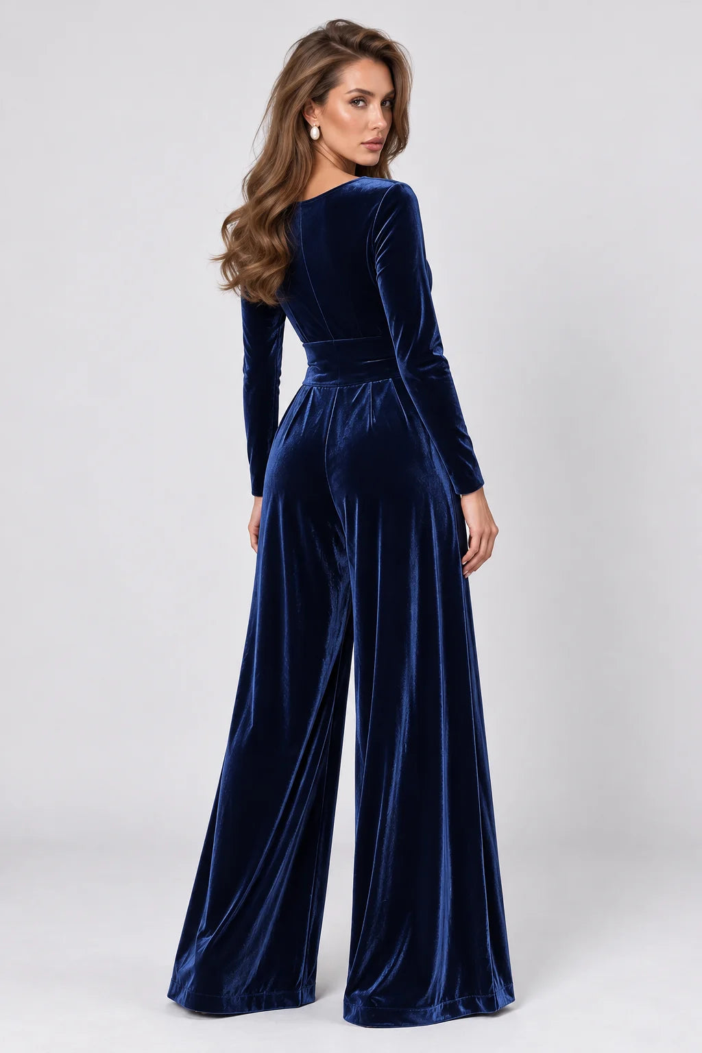 Navy Blue Velvet Wrap V-Neck Wide Leg Long Sleeve Jumpsuit [erp-image:a30be2fab50ba64454eb7adc]