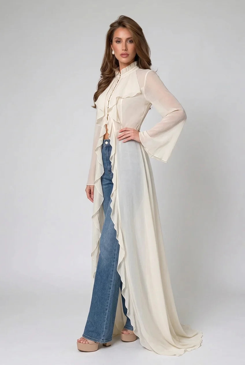Ivory Ruffle Trim High Neck Sheer Chiffon Maxi Blouse Duster Top