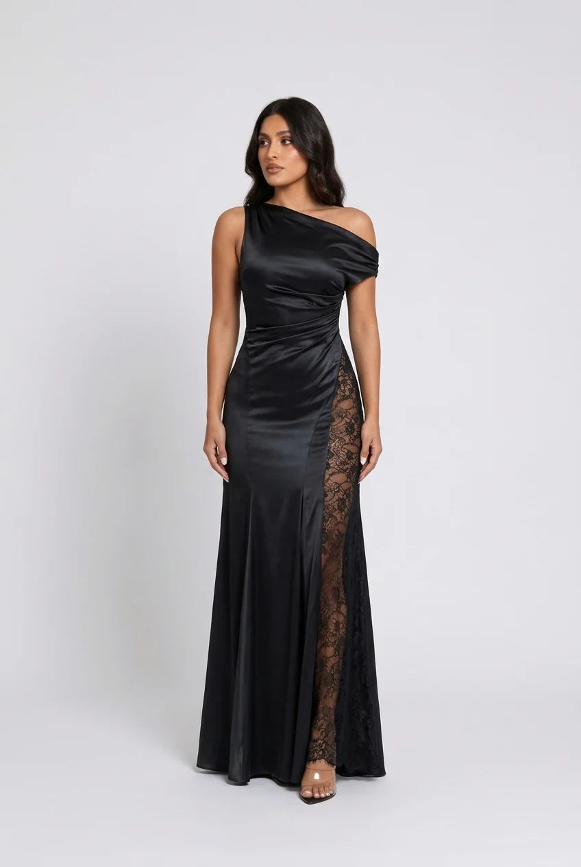 Women's One Shoulder Black Satin Maxi Dress with Sheer Lace Insert Panel