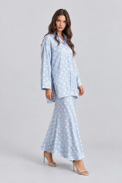 Light Blue Polka Dot Satin Oversized Shirt and Midi Skirt Two Piece Set [erp-image:0fd2a46f51445a1e980ee5cd]