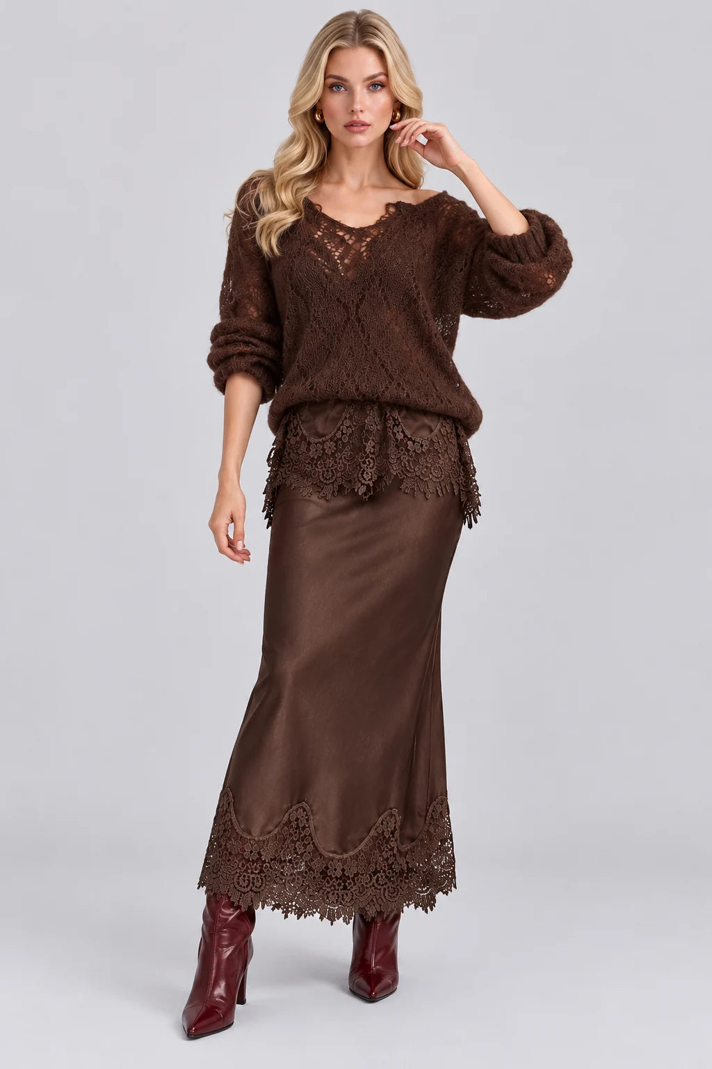 Open Knit Sweater and Lace Trim Satin Midi Skirt Set [erp-image:9e8068f8d3cacb841c27b157]