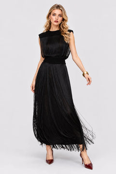 Women's Black Fringe Sleeveless Top and Maxi Skirt Two Piece Set [erp-image:ac97b3c0cb362d8f2dd59e6f]