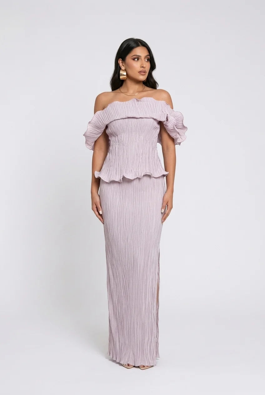 Plissé Pleated Off Shoulder Peplum Column Maxi Dress for Wedding Guests