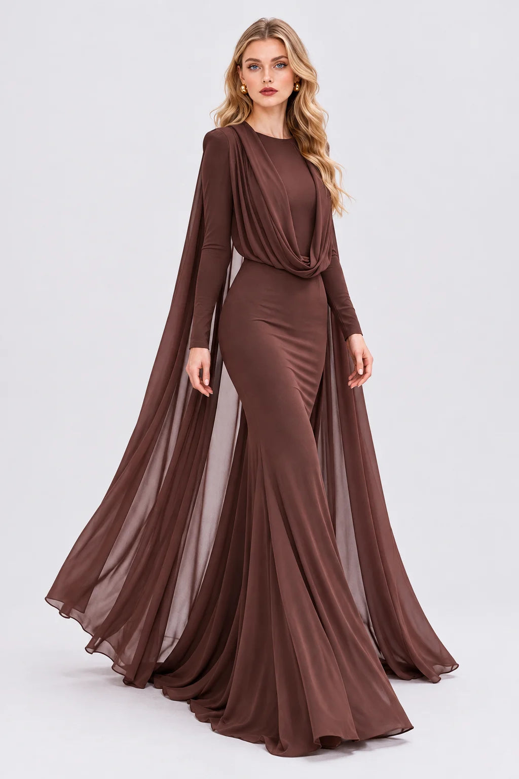 Brown Draped Cape Hooded Long Sleeve Mermaid Maxi Evening Dress [erp-image:43fa50892b457719629f31df]