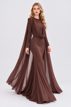 Brown Draped Cape Hooded Long Sleeve Mermaid Maxi Evening Dress [erp-image:43fa50892b457719629f31df]
