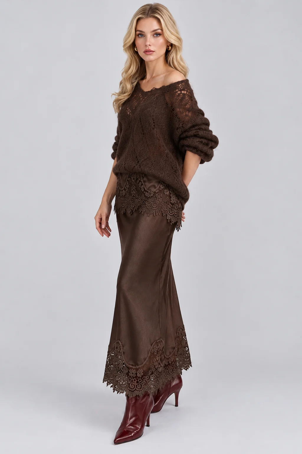 Open Knit Sweater and Lace Trim Satin Midi Skirt Set [erp-image:4d3ce8d82a68251bd0b48348]