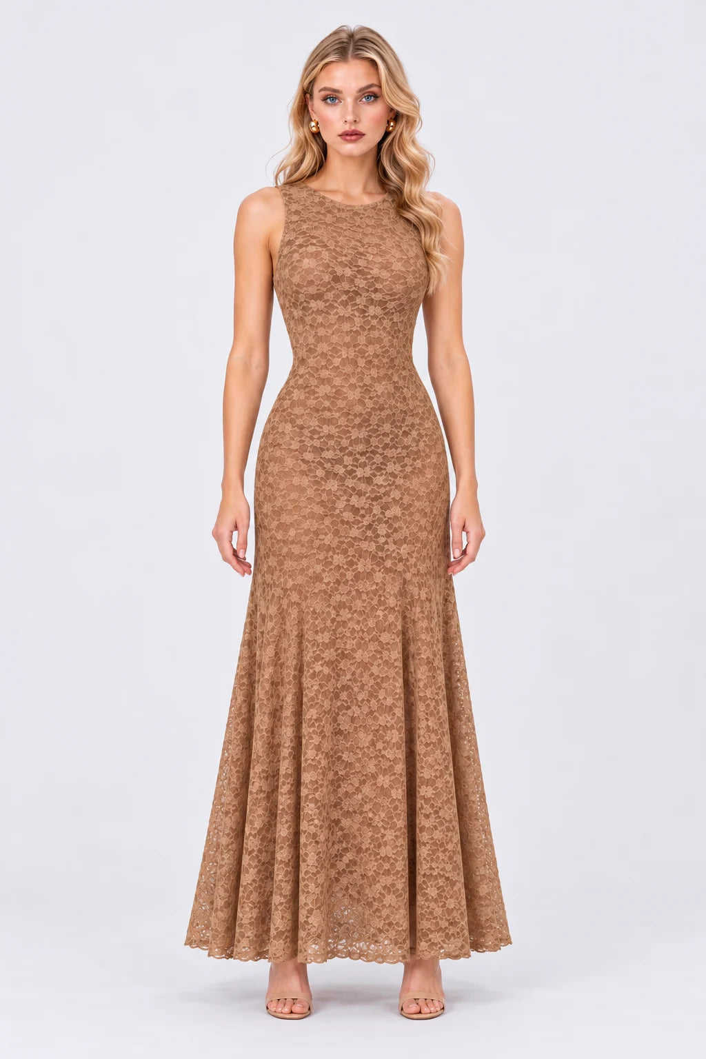 Sleeveless Crew Neck Lace Column Maxi Dress in Tan [erp-image:6103b83fdec819f3737ae05c]