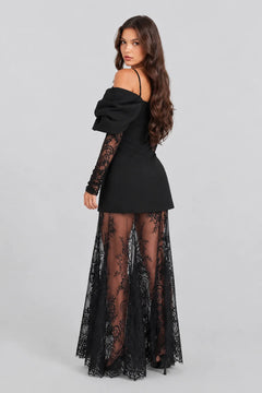 Women Black Cold Shoulder Bow Mini Dress and Sheer Lace Maxi Skirt Two Piece Set [erp-image:6f72355b3f91e9c38ba1ca71]
