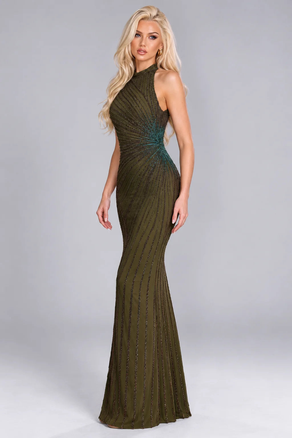 Olive Green Halter Neck Beaded Column Maxi Evening Dress [erp-image:9a4ef8679878e759b961b22a]