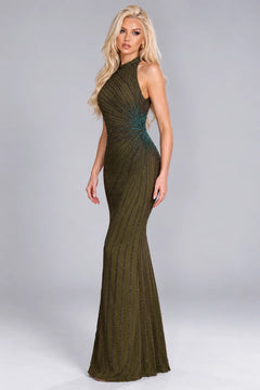 Olive Green Halter Neck Beaded Column Maxi Evening Dress [erp-image:9a4ef8679878e759b961b22a]