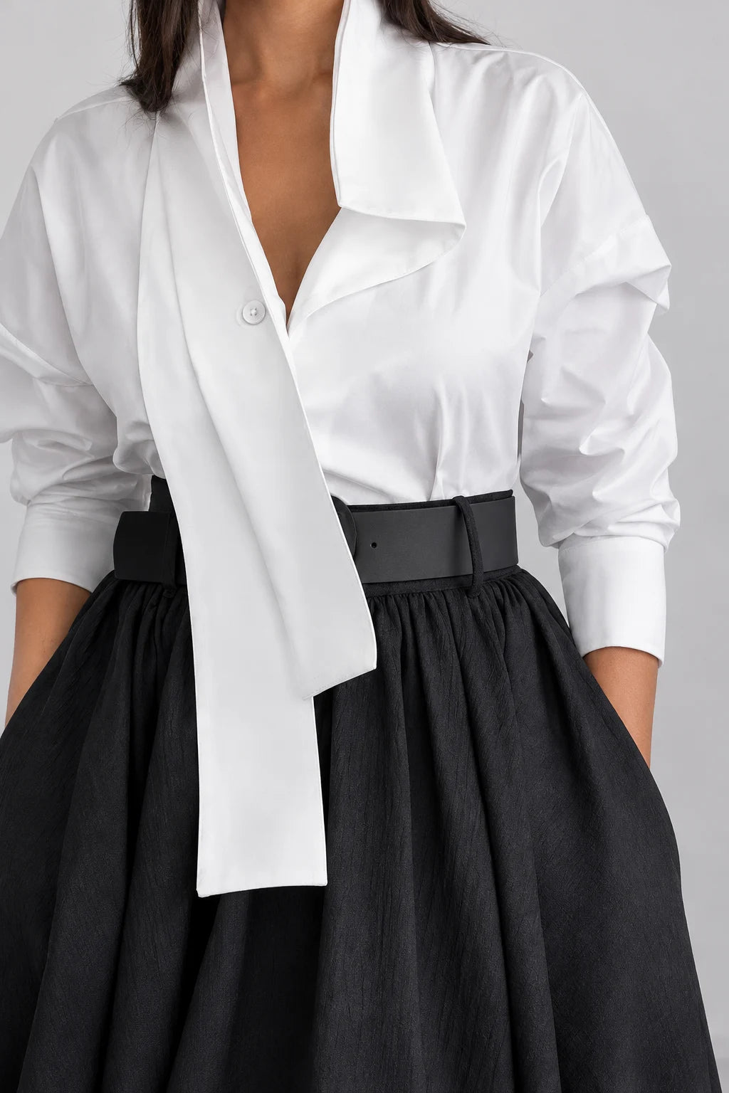 Women's Asymmetrical Draped Collar Shirt and High Waist Maxi Skirt Two Piece Set [erp-image:4c1d63ced4ab1f56618ccb78]
