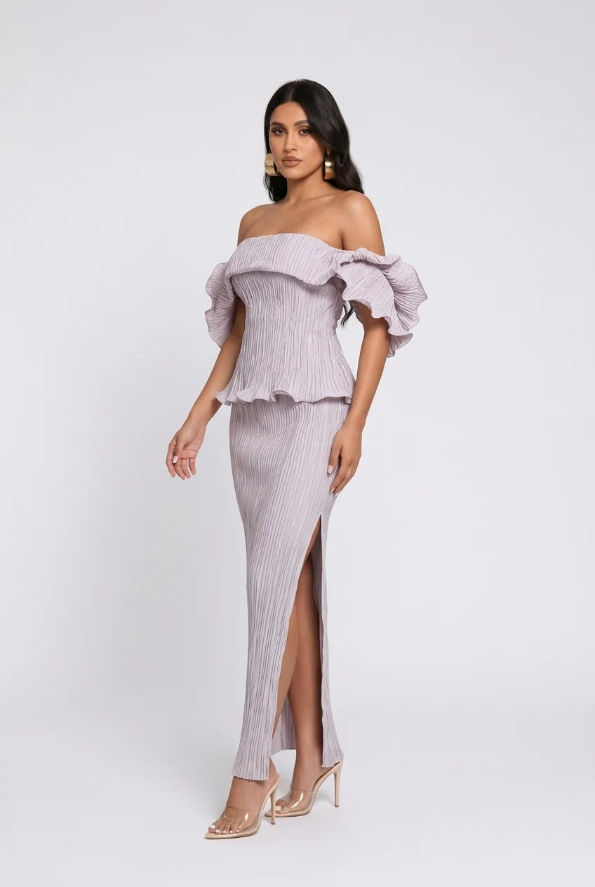 Plissé Pleated Off Shoulder Peplum Column Maxi Dress for Wedding Guests