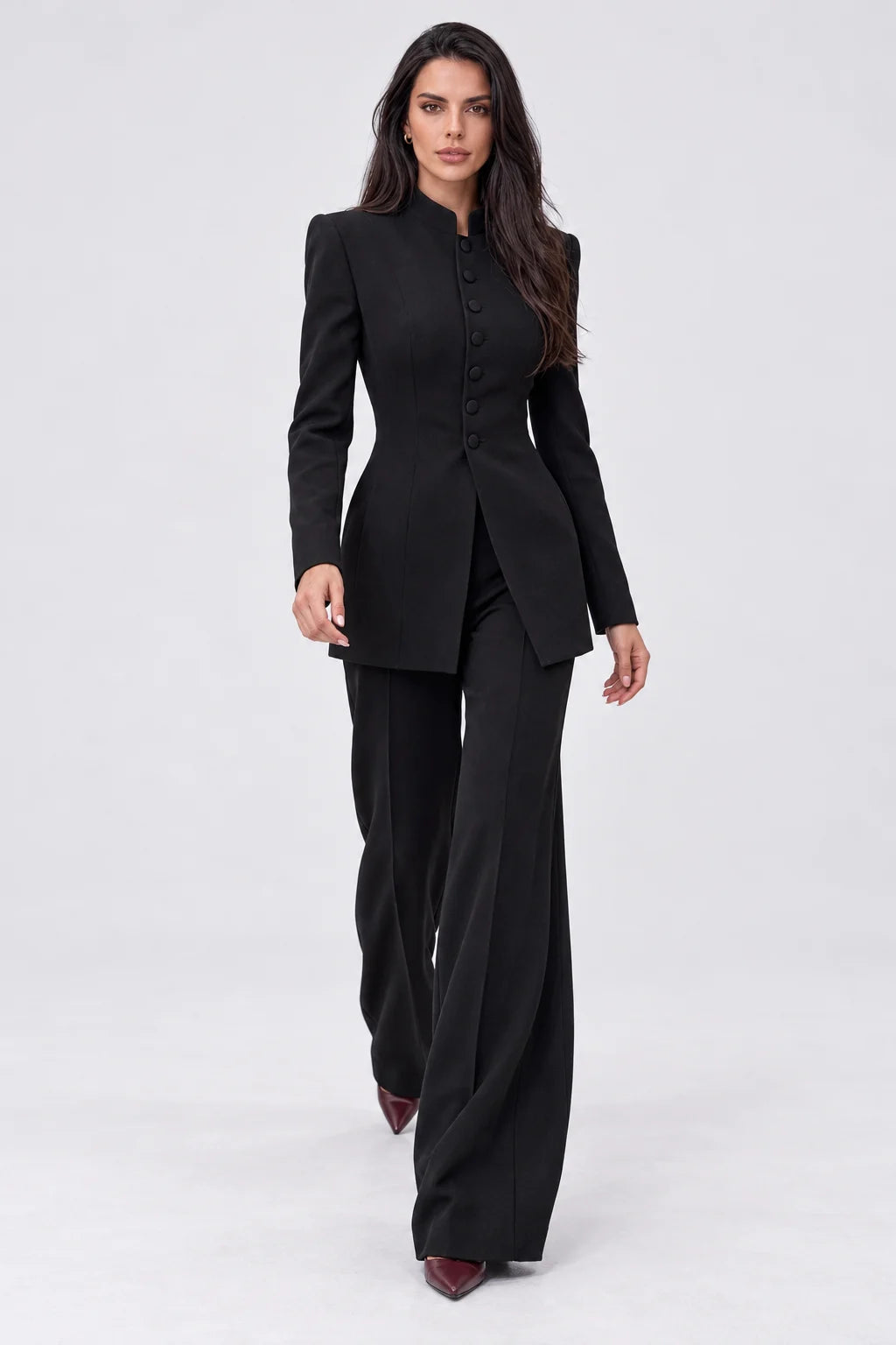 Black Mandarin Collar Tailored Blazer and Wide Leg Pants Two Piece Set [erp-image:540ac7890531fdd9e5700b3d]