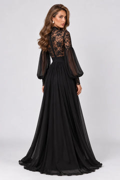 Black Lace Panel Long Lantern Sleeve Floor Length Evening Maxi Dress [erp-image:bb417e633b6d422782545c96]