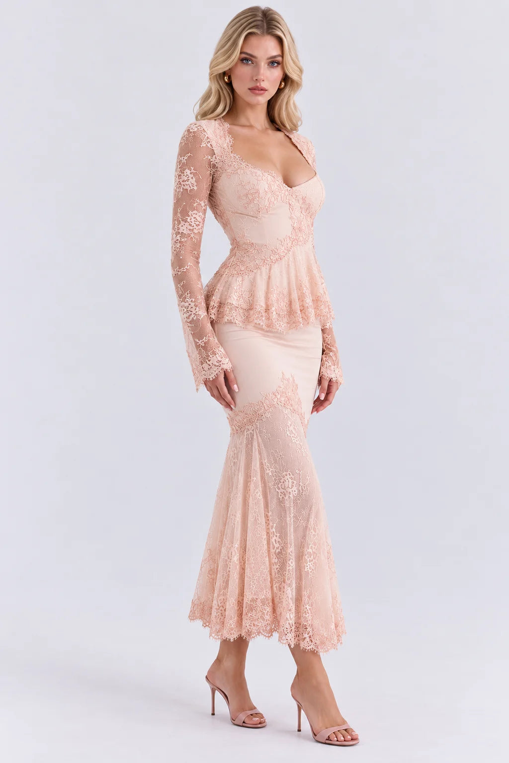 Lace Long Sleeve Peplum Top and Mermaid Midi Skirt Two Piece Set [erp-image:7f48d00fead30dee750a4333]