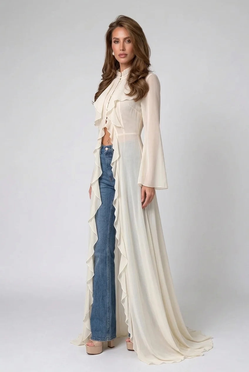 Ivory Ruffle Trim High Neck Sheer Chiffon Maxi Blouse Duster Top