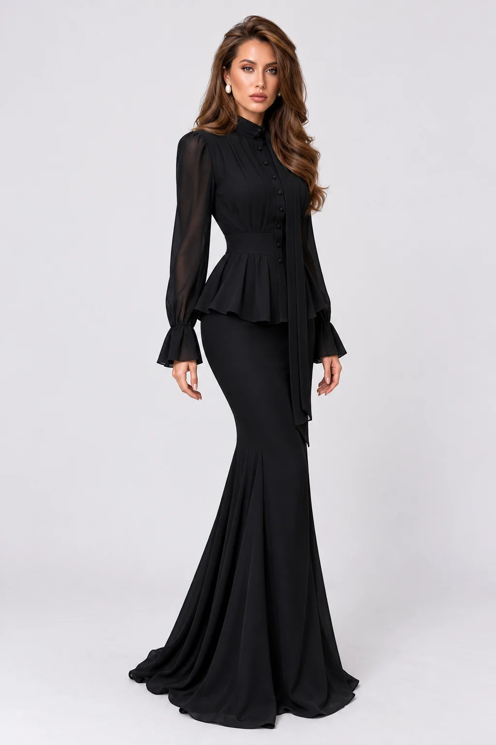 Peplum Tie-Neck Long Sleeve Blouse and Mermaid Maxi Skirt Two-Piece Set [erp-image:04943199af4b6b8d059dbeea]