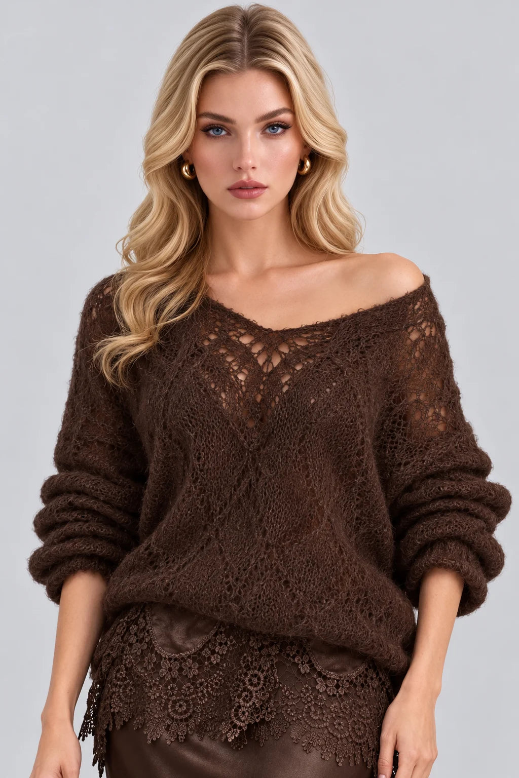 Open Knit Sweater and Lace Trim Satin Midi Skirt Set [erp-image:386a16c289c956ad7a47d46d]