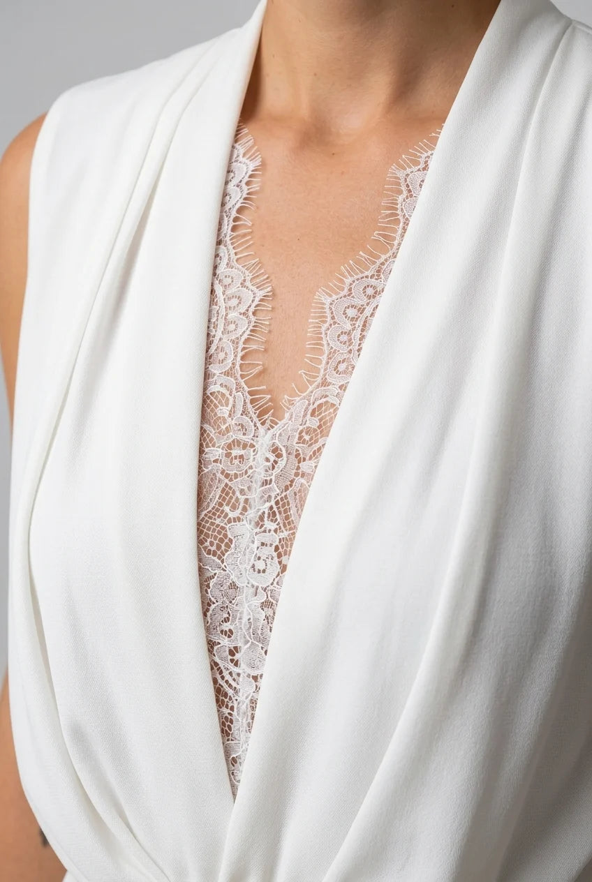 Weißes Maxikleid ohne Ärmel mit tiefem V-Ausschnitt, Spitzenbesatz und Falten