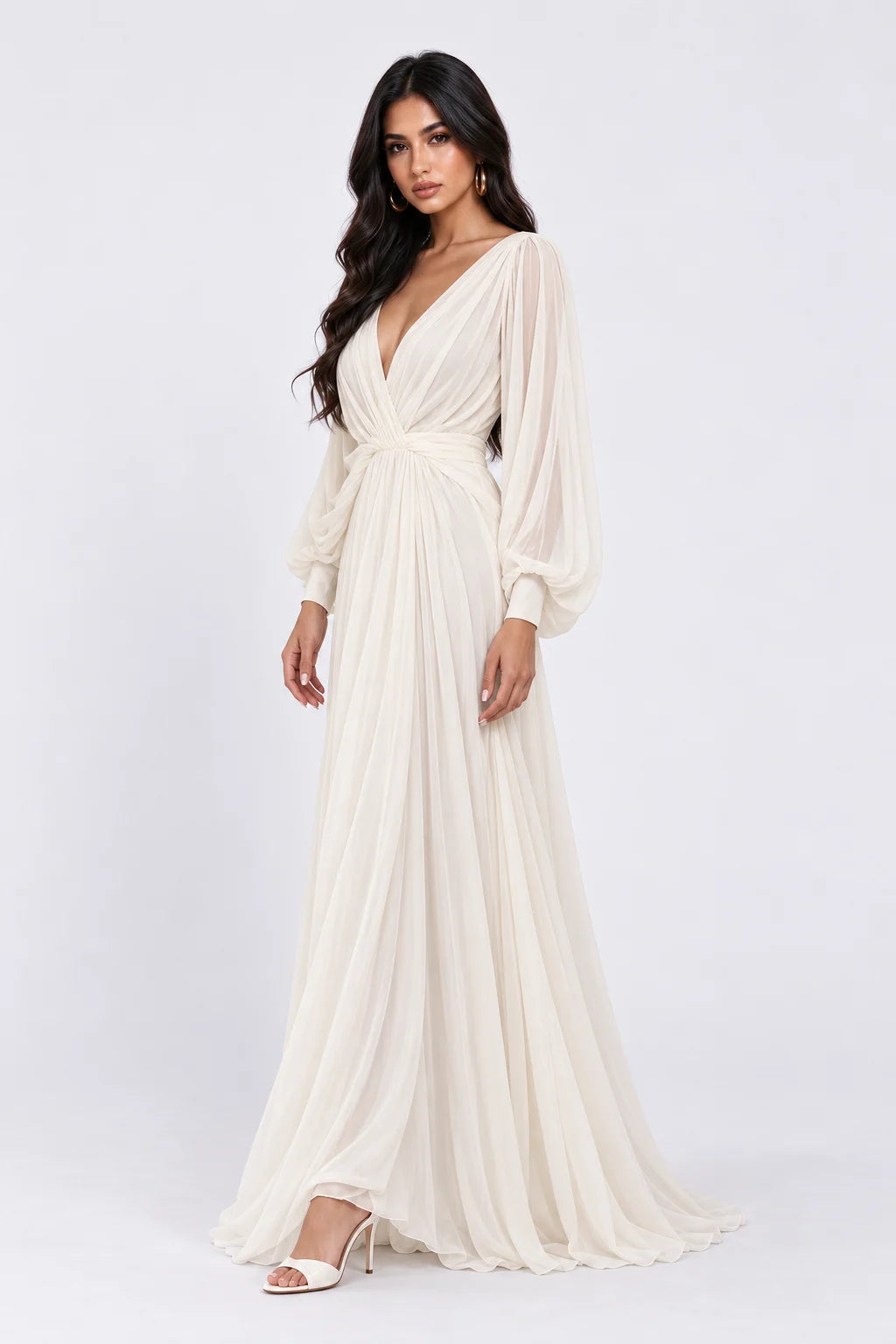 Deep V-Neck Long Sleeve Chiffon Ruched A-Line Maxi Wedding Dress [erp-image:794270d944e49ce040034719]