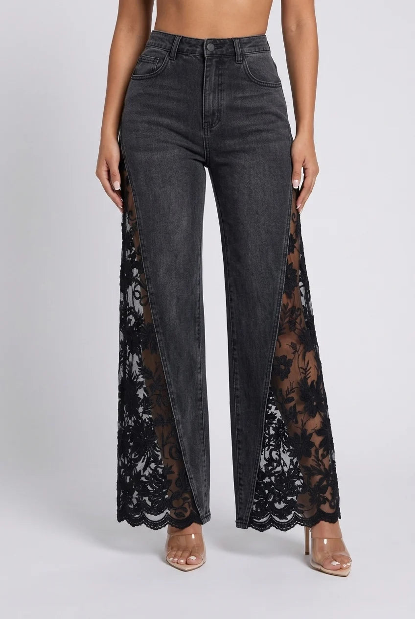 Women's Black High Rise Flare Jeans with Sheer Floral Lace Panels