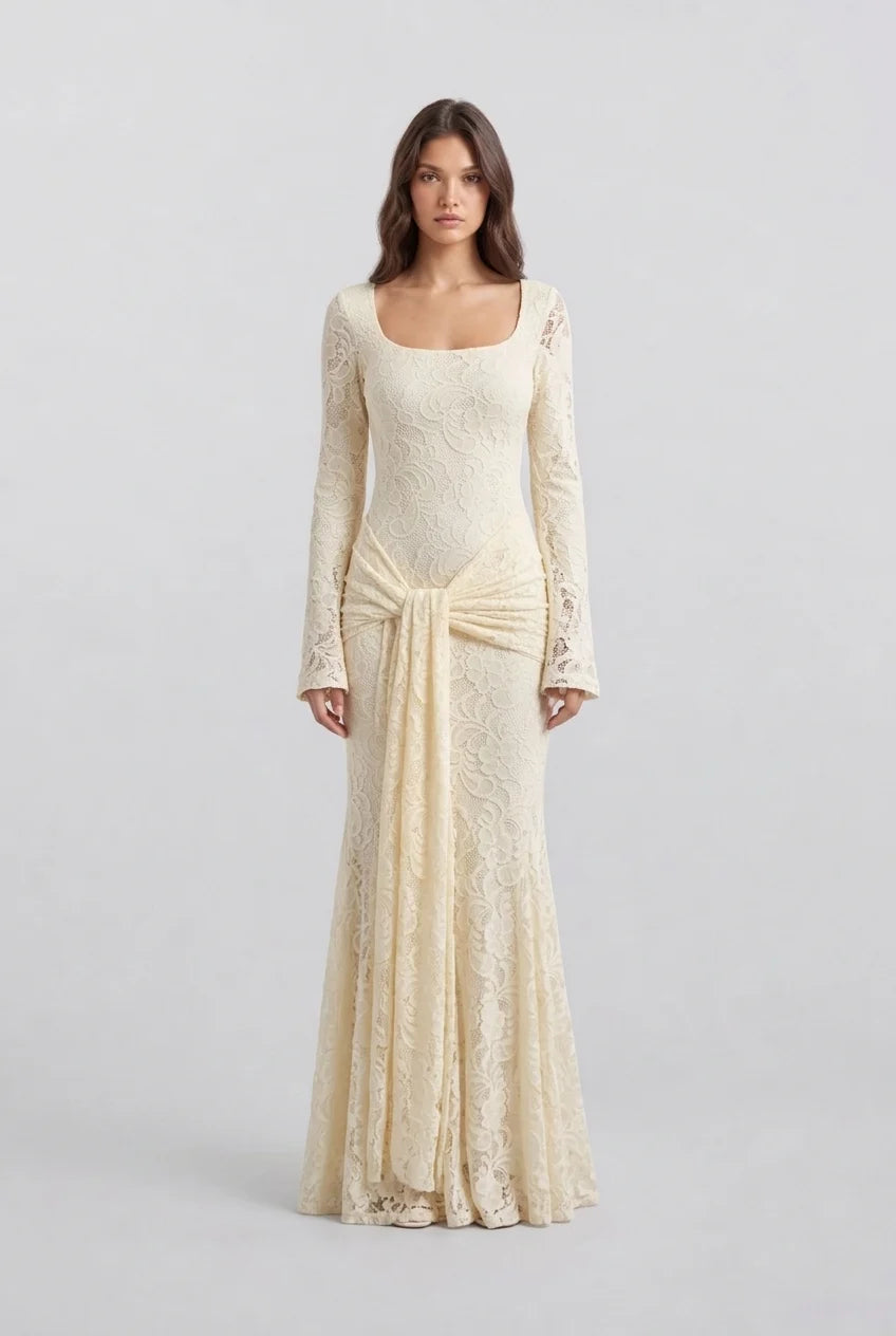 Butter Yellow Floral Lace Long Sleeve Maxi Dress with Draped Waist Sash