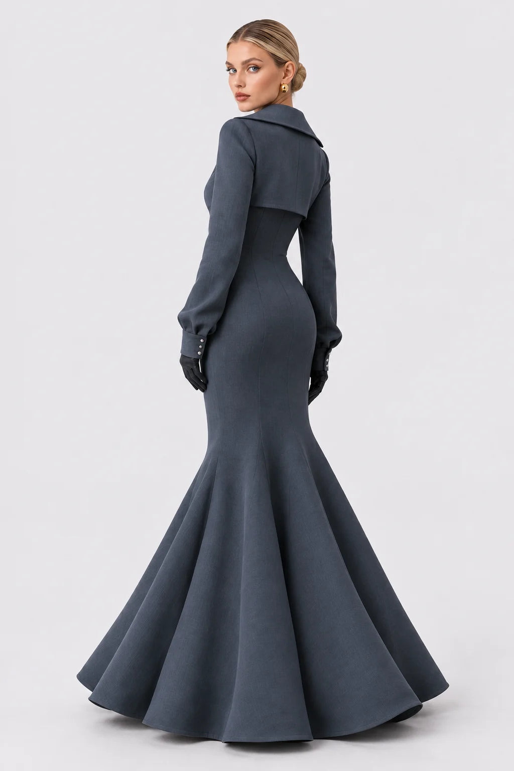 Charcoal Grey Cropped Bolero Jacket and Mermaid Maxi Dress Two Piece Set [erp-image:7c87f37e7bc92e07a7c62b6c]