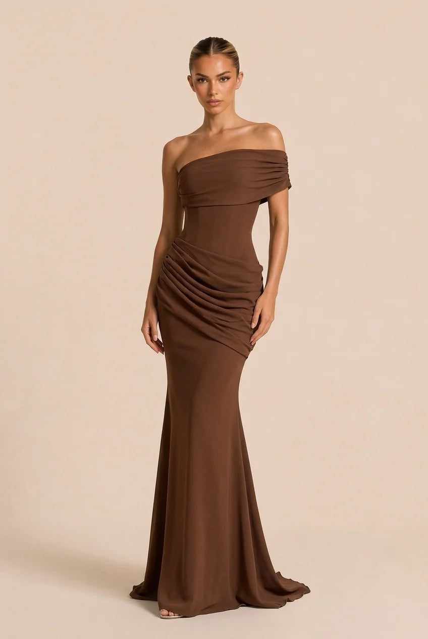 Brown Asymmetric Corset Lace-Up Draped Mermaid Maxi Evening Dress
