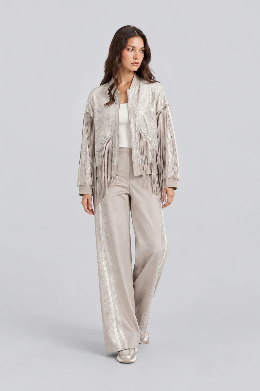 Women's Sequin Fringe Bomber Jacket and Wide Leg Pants Two Piece Set [erp-image:4e20bdeee0d01a7aab6522aa]
