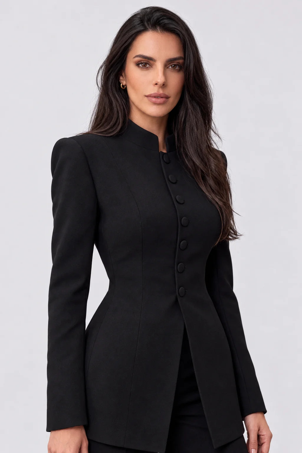Black Mandarin Collar Tailored Blazer and Wide Leg Pants Two Piece Set [erp-image:dfa469880a454b485244d333]