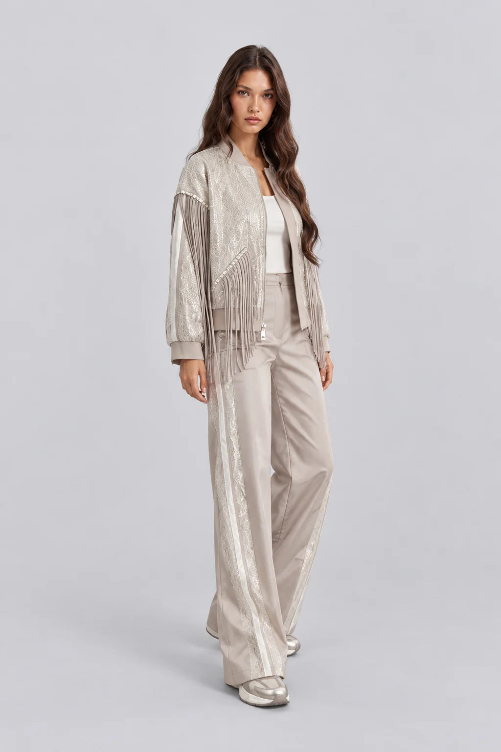 Women's Sequin Fringe Bomber Jacket and Wide Leg Pants Two Piece Set [erp-image:bd5151d53495d52ad23f7d8a]