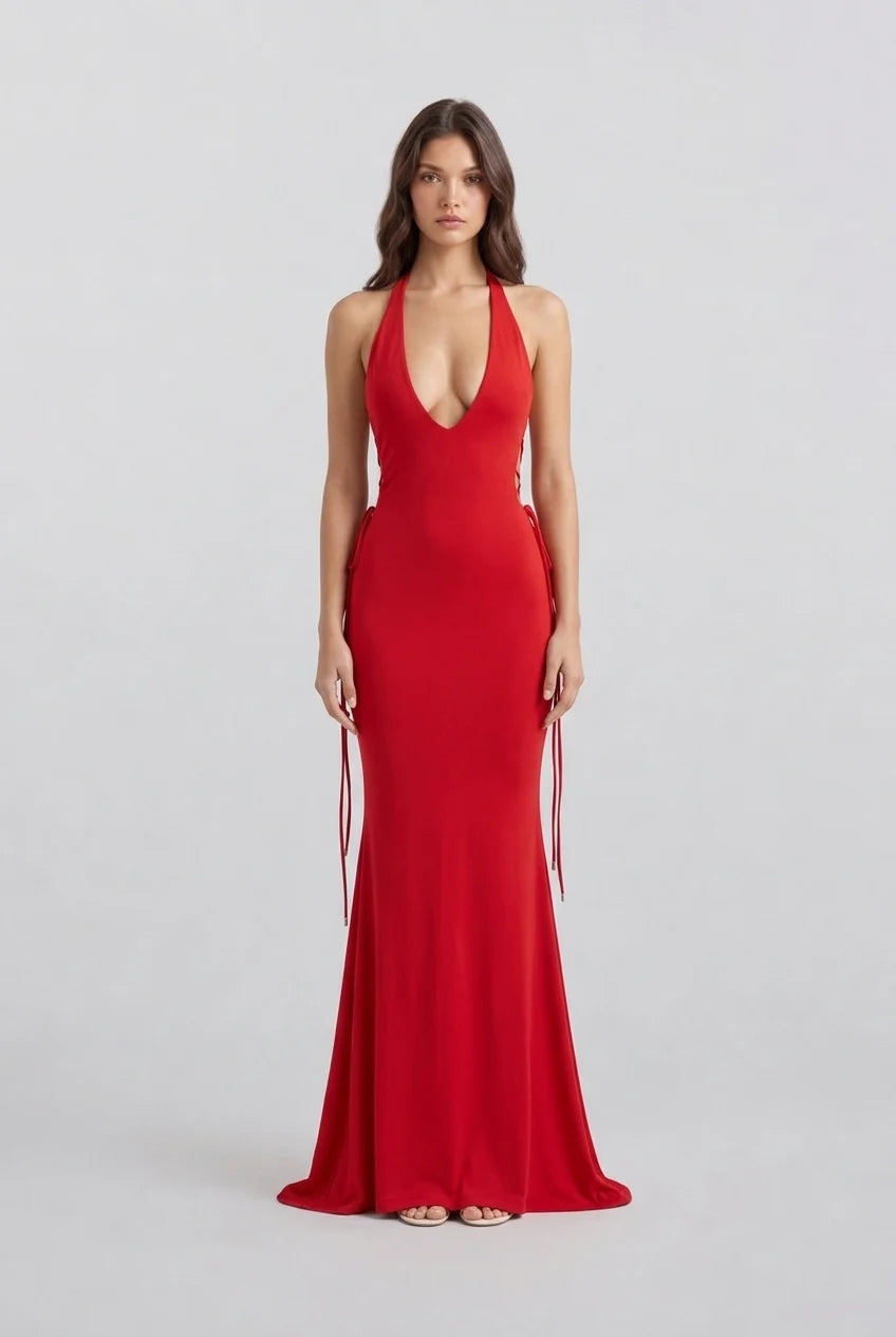 Deep V Neck Halter Sleeveless Floor Length Red Formal Evening Maxi Dress