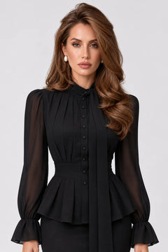 Peplum Tie-Neck Long Sleeve Blouse and Mermaid Maxi Skirt Two-Piece Set [erp-image:1e788755f2b8b74b39ad950c]
