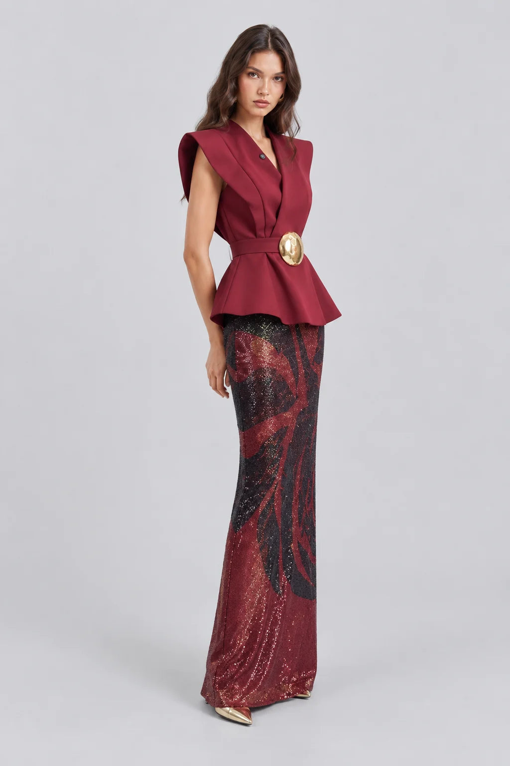 Burgundy Belted Peplum Top and Patterned Sequin Maxi Skirt Two Piece Set [erp-image:d8771795bd9a5377b52b223f]