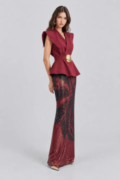 Burgundy Belted Peplum Top and Patterned Sequin Maxi Skirt Two Piece Set [erp-image:d8771795bd9a5377b52b223f]