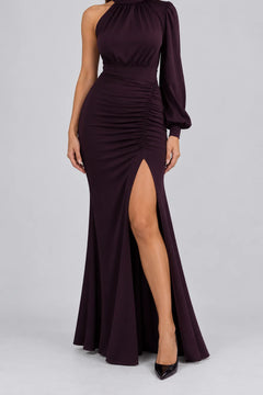 One Shoulder High Neck Ruched Maxi Evening Dress with Slit [erp-image:649b116b498e30175a1caa3f]