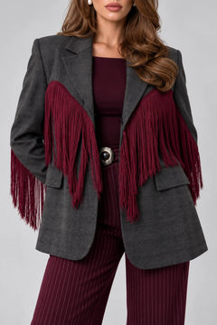 Women's Long Sleeve Fringe Trim Tailored Blazer Jacket with Lapel Collar [erp-image:2e6d331a5e5ef57b98ee6d4b]