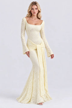 Square Neck Long Sleeve Lace Draped Front Maxi Dress [erp-image:8a31cc5b9f74820e7e265d20]
