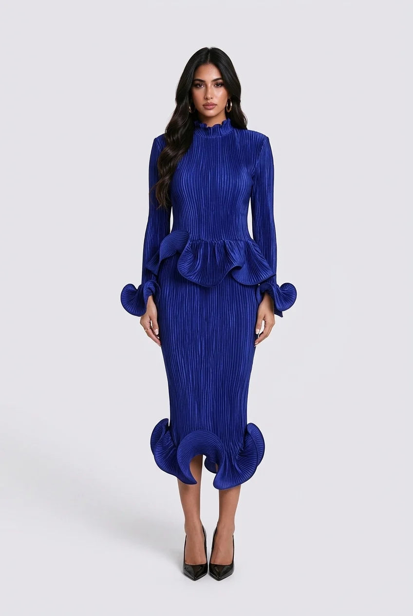 Pleated Peplum Top and Ruffled Midi Skirt Two-Piece Set