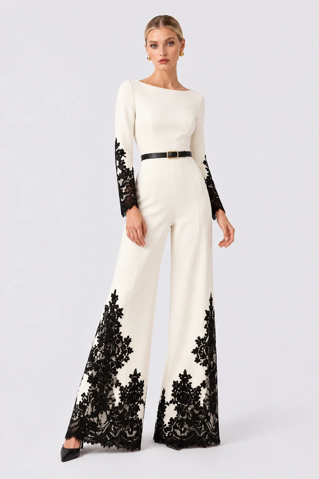 Elegant Long Sleeve Wide Leg Jumpsuit with Contrast Lace Trim [erp-image:89308b1ca7fe8367b7afc0db]