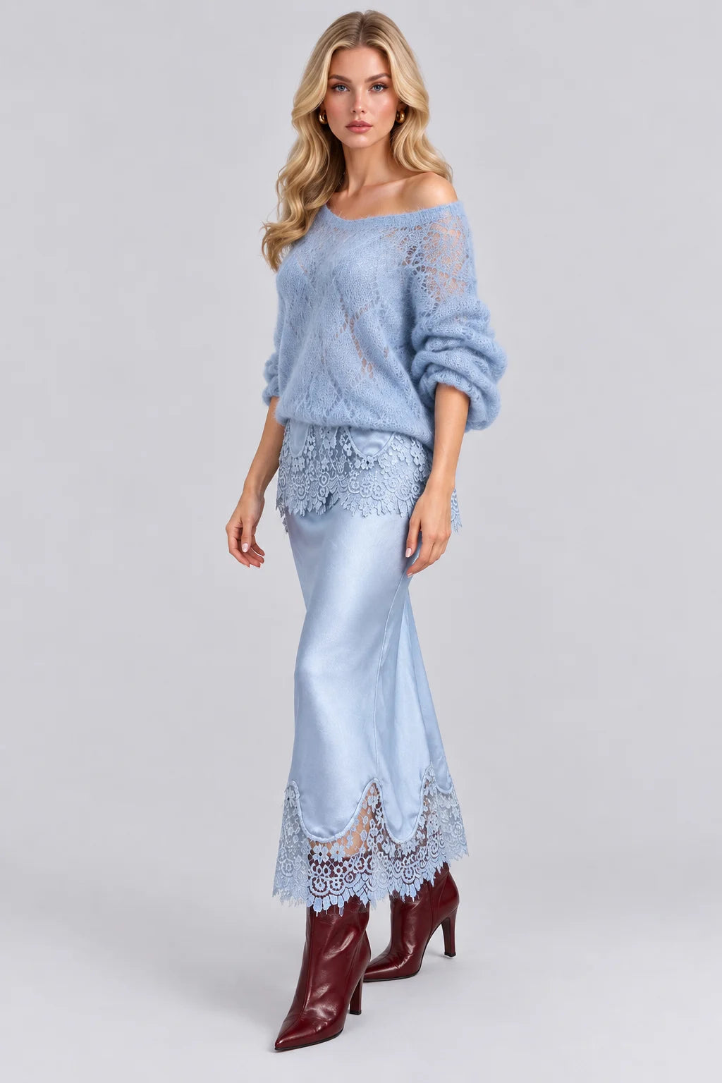 Open Knit Sweater and Lace Trim Satin Midi Skirt Set [erp-image:5233e46b312ae8f53ce6f668]