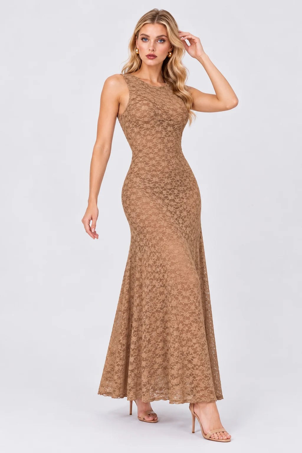 Sleeveless Crew Neck Lace Column Maxi Dress in Tan [erp-image:09cbf6296a58c826213e4bfa]