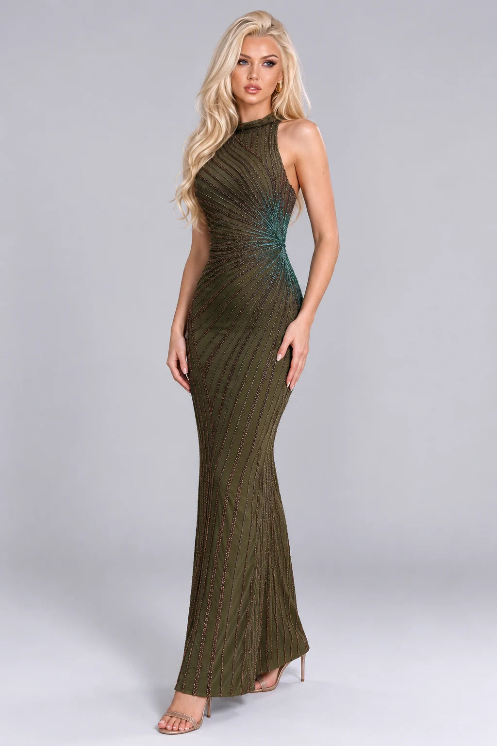 Olive Green Halter Neck Beaded Column Maxi Evening Dress [erp-image:eb90fd4cc89ac30a5f6d8ea1]